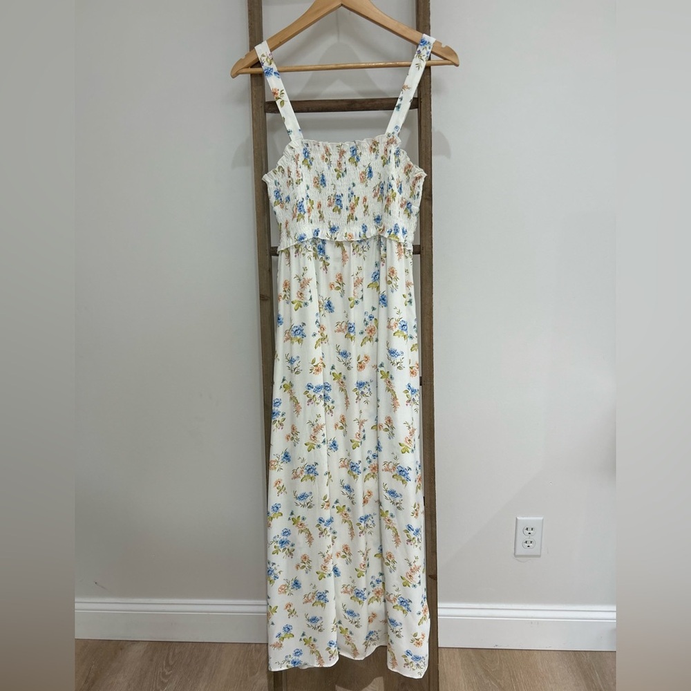 Zara White Ditsy Floral Smocked Midi Dress CottageCore Summer Boho Size L NWT